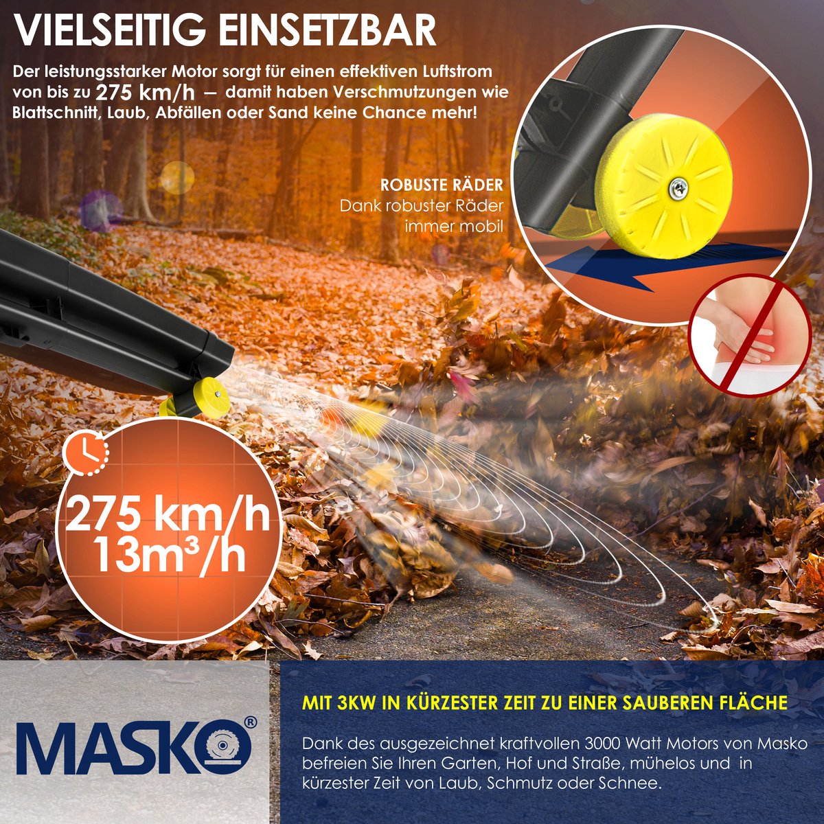 MASKO 3in1 Bladblazer - Bladzuiger 3000W - 45L opvangzak - Antraciet / Geel