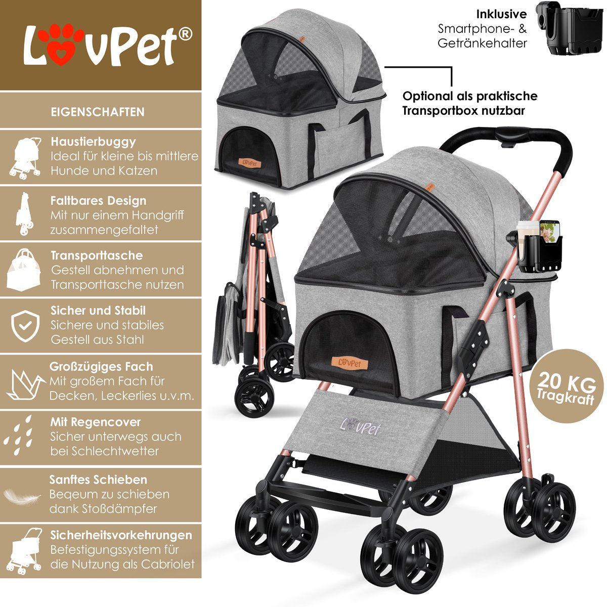 LOVPET® Hondenbuggy 2in1 Huisdieren - Wandelwagen - Lichtgrijs