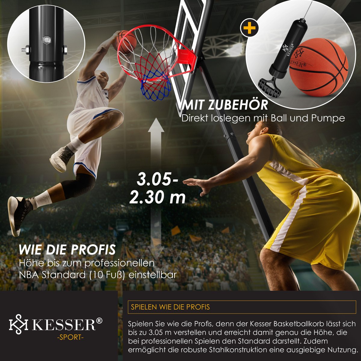 KESSER® Basketbalpaal - Basketbalstandaard - Verstelbaar - 230cm-305cm - Wit