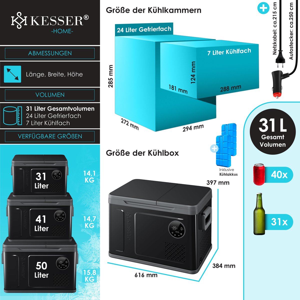 KESSER® Elektrische Koelbox - Compressor - tot -20°C - 31L - Zwart