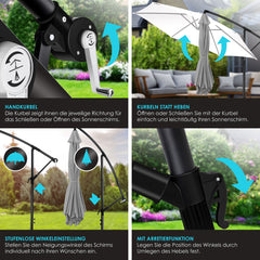 KESSER® Zweefparasol met voet  - Ø 3m - 360° Draaibaar  - Lichtgrijs