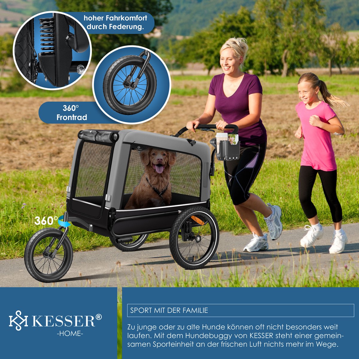 KESSER® Hondenfietskar tot 40 kg 3in1 Hondenbuggy - Fietskar Hond Jogger - Grijs