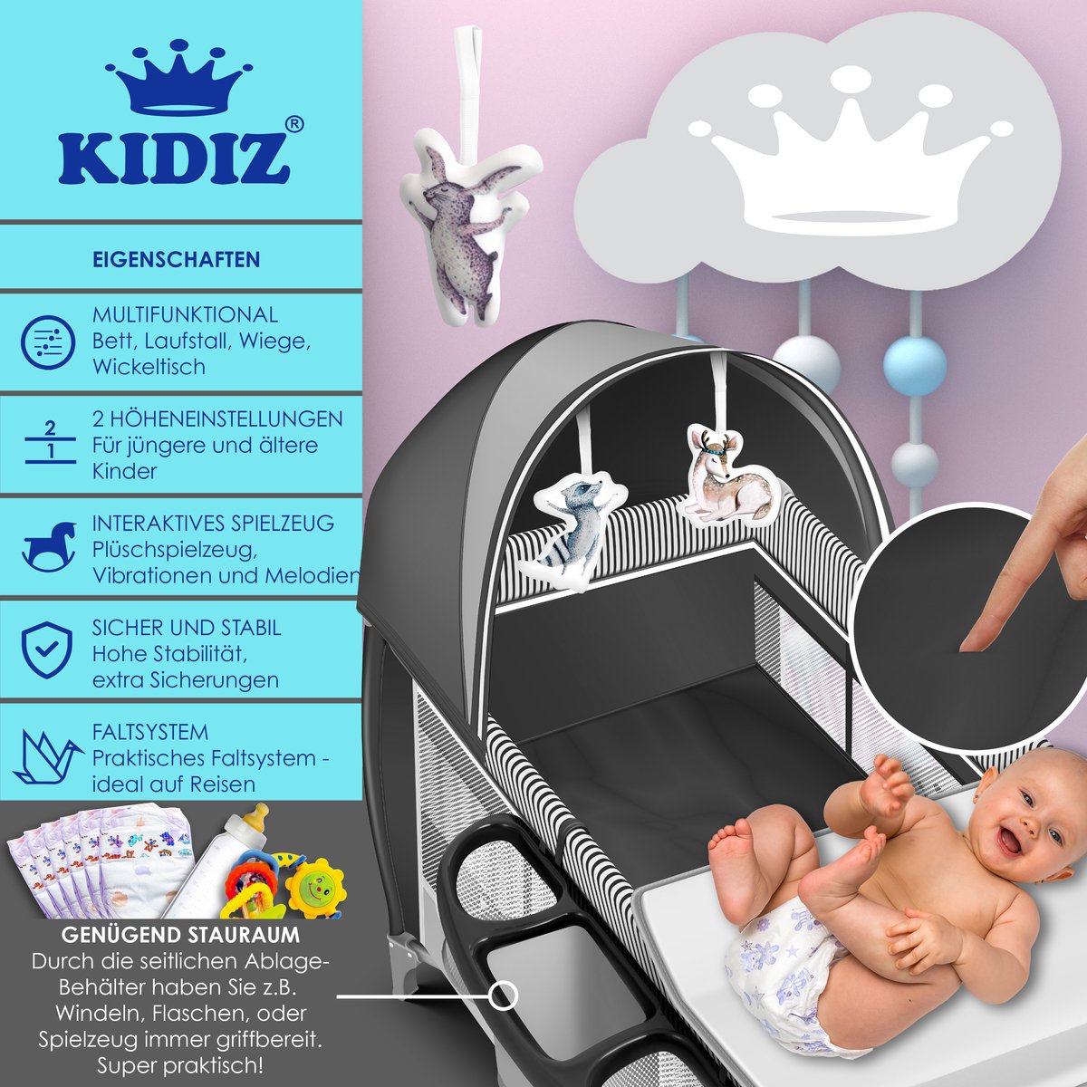 KIDIZ® 3in1 Babybedje - Campingbedje - Ledikant  - Grijs
