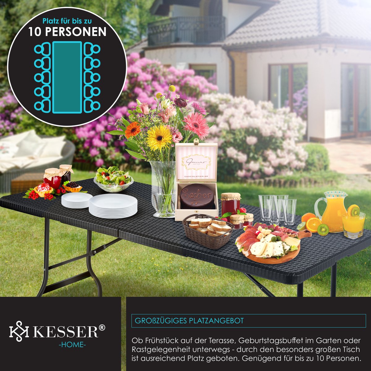 KESSER® Inklapbare Tafel 180x75x73cm Vouwtafel Kunststof - Campingtafel Klaptafel Geschikt voor 8 Personen voor Tuin, Terras en Balkon inclusief Draaggreep - Antraciet