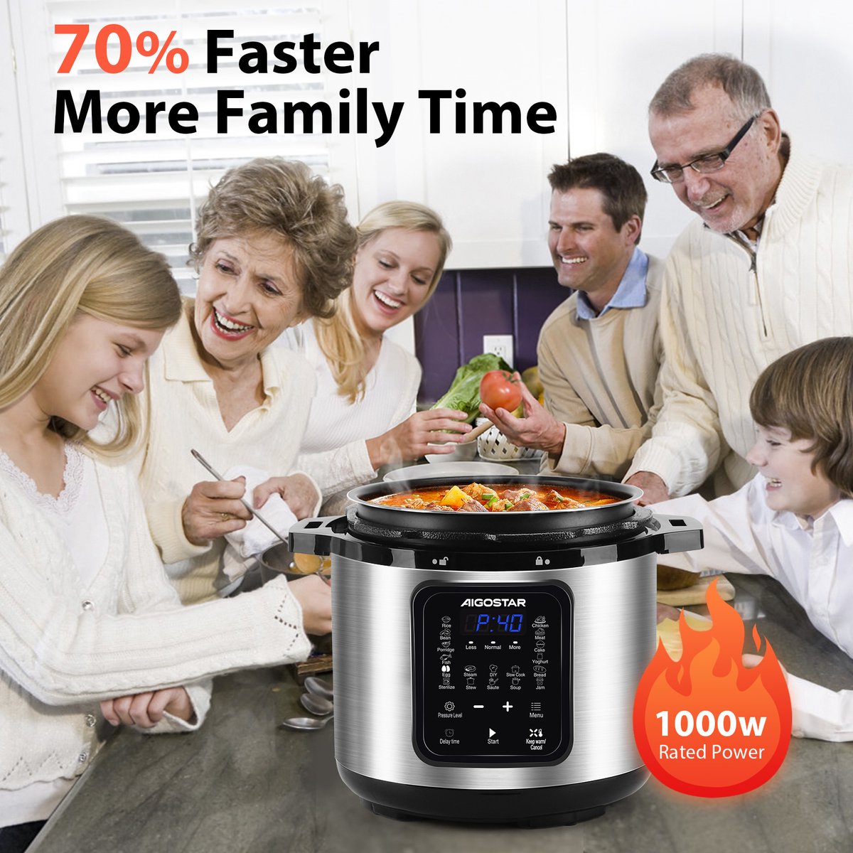 Aigostar Snelkookpan Multicooker - 6 Liter - Slow Cooker - Rijstkoker - Stomer