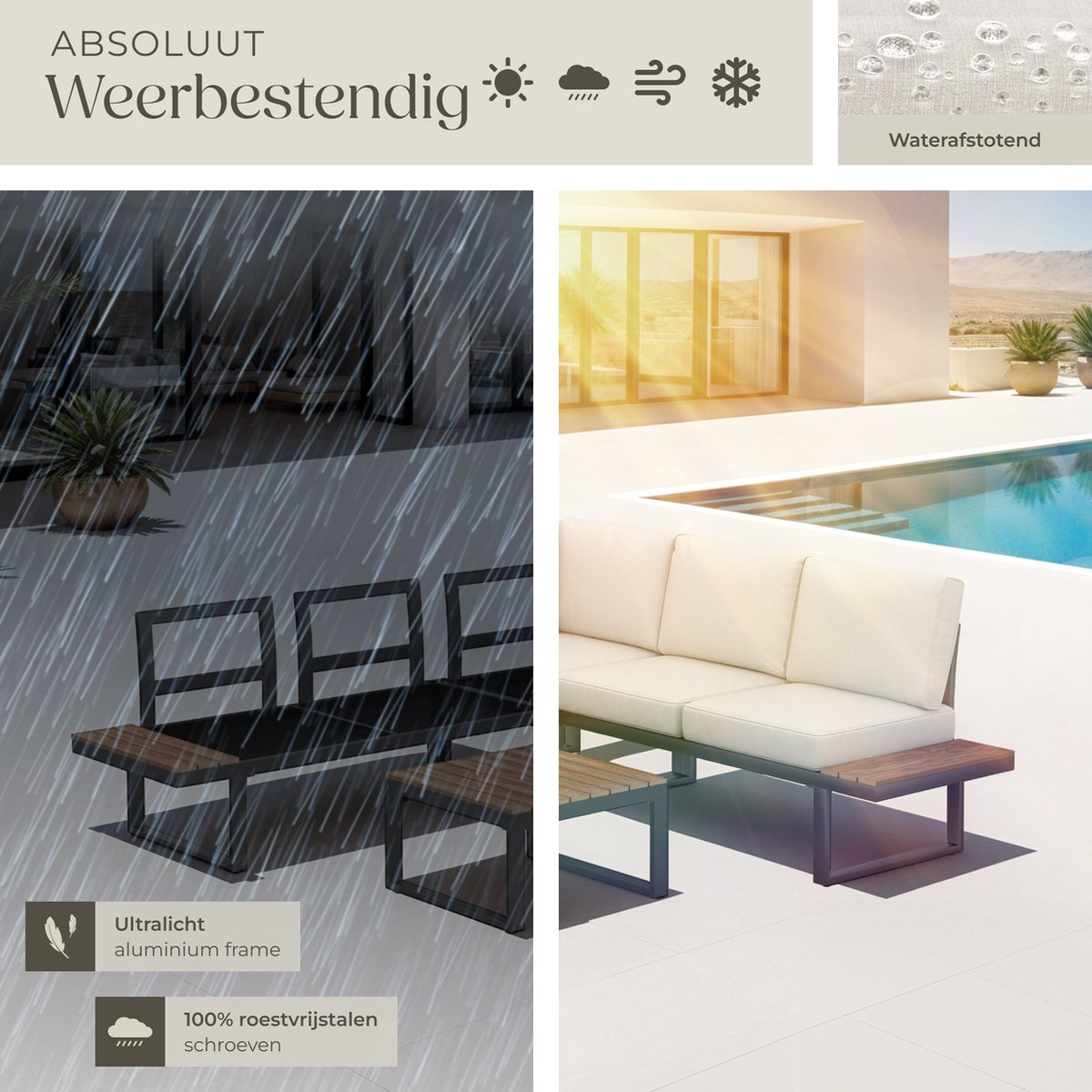 tectake® Tuinset Eilar - 4-Delige Loungeset - Weerbestendige Hoekbank met Aluminium Frame en Houtlook Zijtafeltjes - Tuintafel - Verstelbare Rugleuning - Te Gebruiken als Ligbed - Tuinmeubelset met Kussens - Ideaal voor tuin, balkon en terras