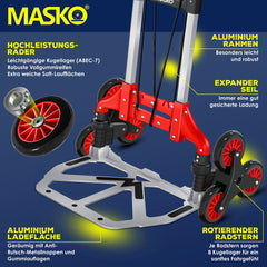 MASKO® Steekwagen opvouwbaar 80 kg Laadvermogen Trapsteekwagen 3x3 incl. Wielen + 2x Uitzettouwen + Handschoenen - In Hoogte Verstelbare Handgreep - Aluminium Transportkar