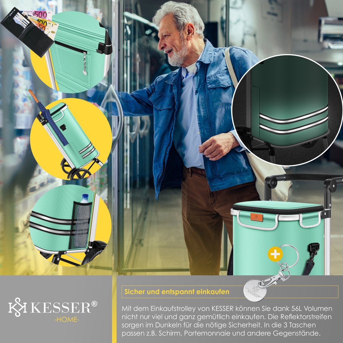 KESSER® Boodschappentrolley met koelvak - Boodschappenwagen 56 liter - Steekwagen functie draagkracht tot 50 kg Opvouwbare Boodschappenkar - Mintgroen
