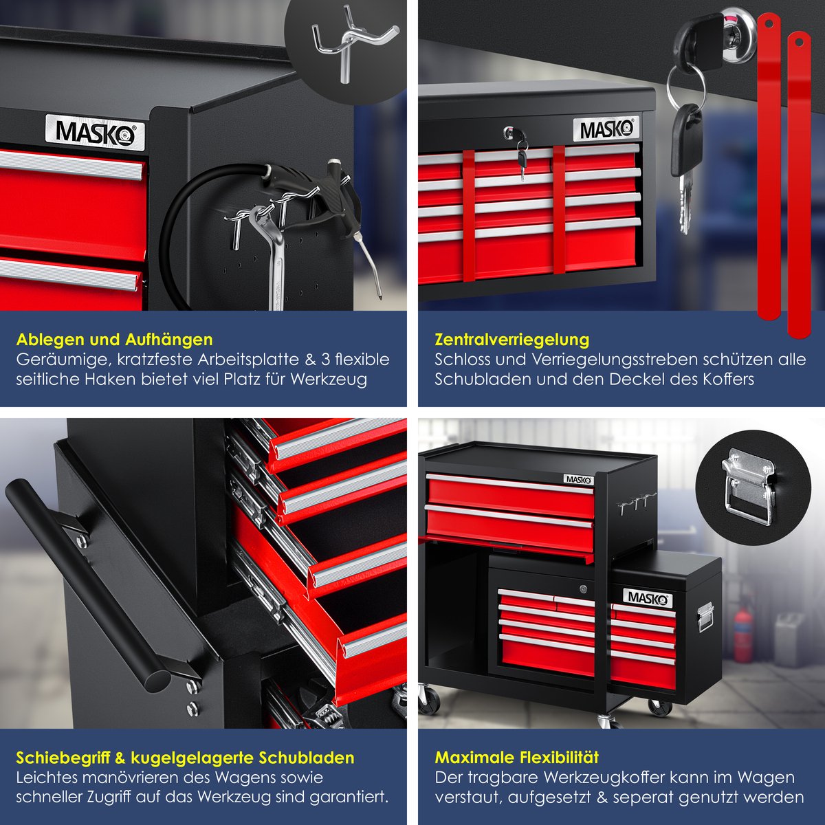 Masko® Werkplaatswagen - Gereedschapswagen - 9 vakken - Rood