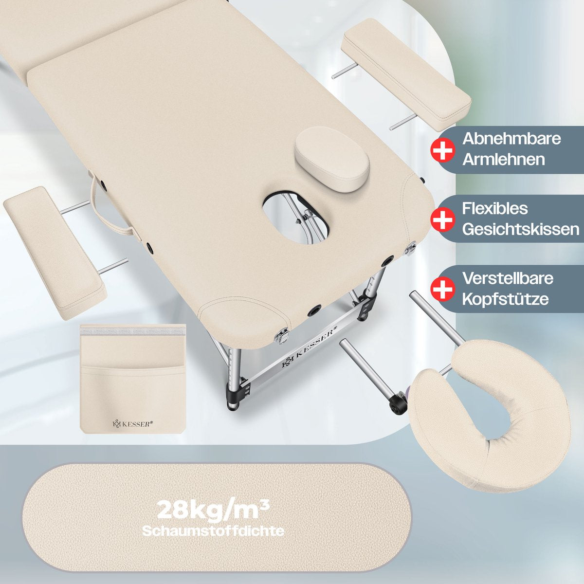 KESSER® Massagetafel inklapbaar 180x61x90cm | Behandeltafel 225kg Draagvermogen & In Hoogte Verstelbaar | Mobiele Massagebank 3-Zone | Aluminium Massagebed met Hoofdsteunen Armsteunen & opbergtas - Beige