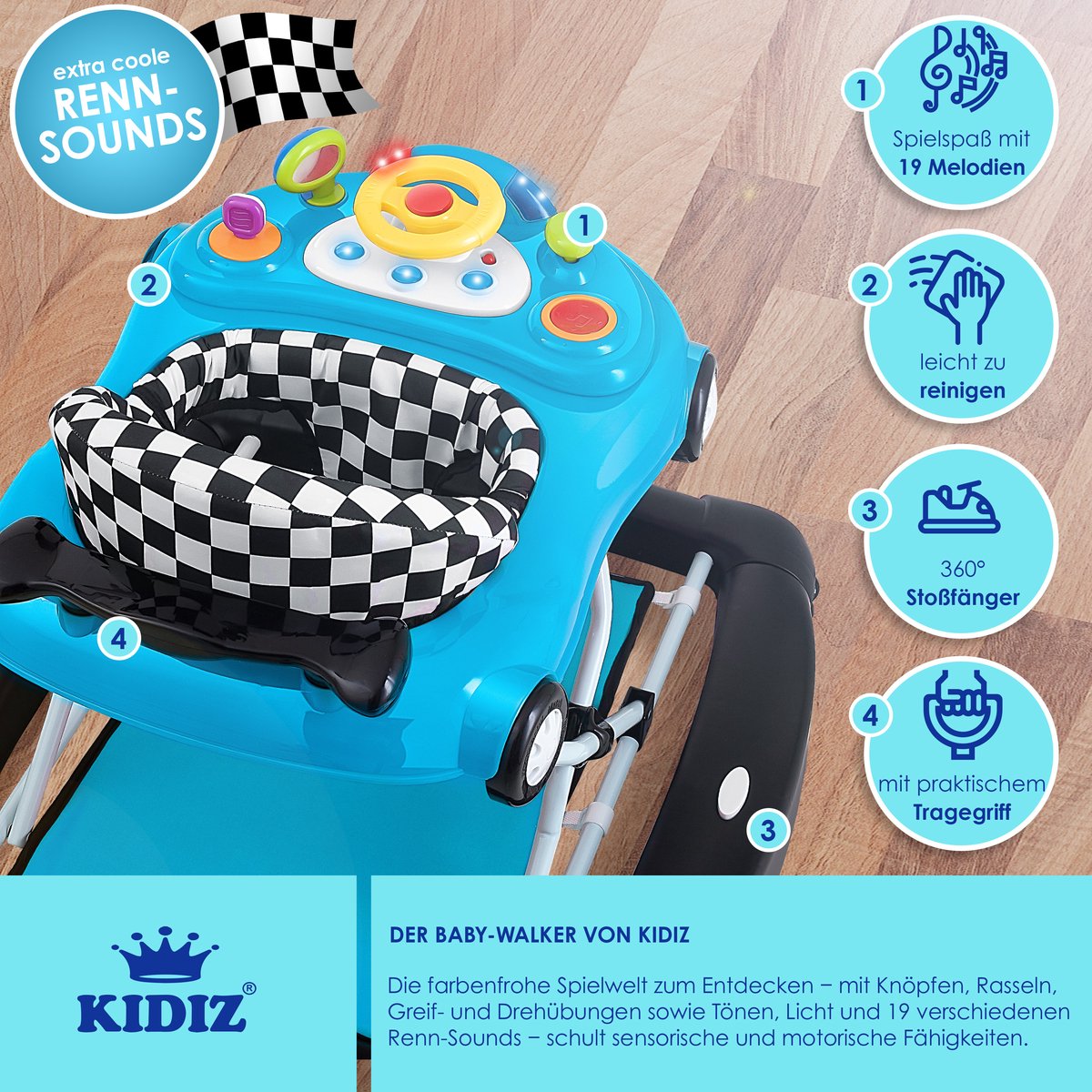 KIDIZ® 4in1 Baby walker - Loopstoel - Loopwagen - Opvouwbaar - Blauw