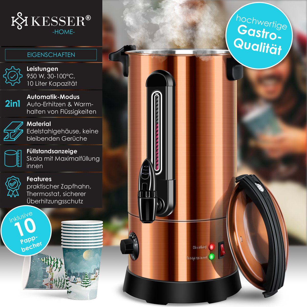 KESSER® Gluhweinketel 10 Liter - Elektrische Ketel voor Gluhwein - Glühweinketel Roestvrij Staal Incl. 10x Mokken Warm Dranken Dispenser voor Glühwein met Thermostaat Water Koker - Koper