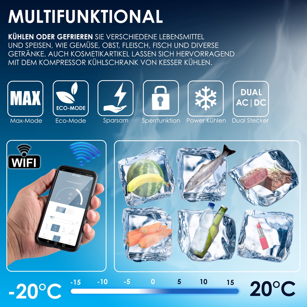 KESSER® Elektrische Koelbox - Compressor - tot -20°C - 30L - Marineblauw