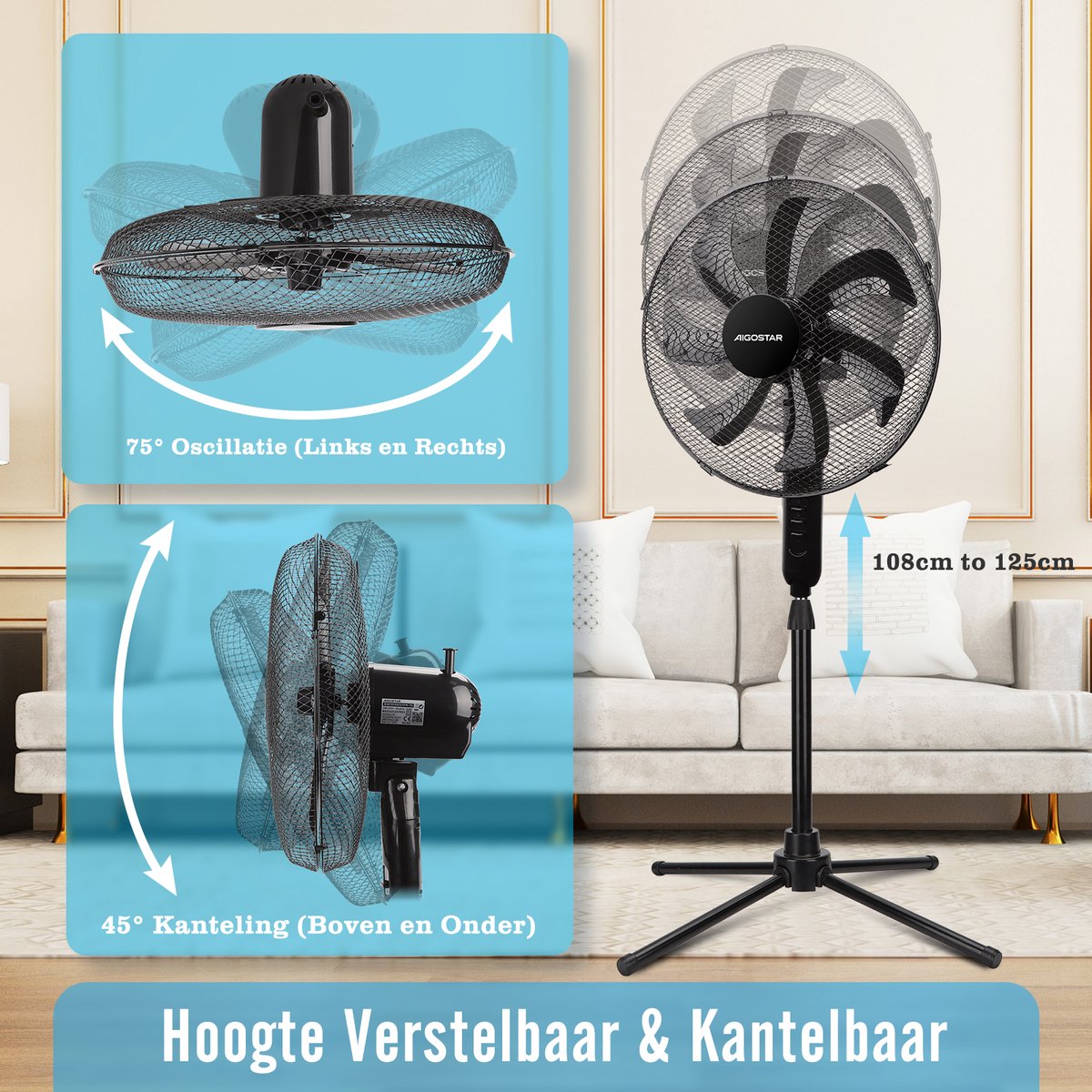 Aigostar Statiefventilator - Ventilator Staand - Verstelbaar - 50W - Zwart •
