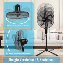 Aigostar Statiefventilator - Ventilator Staand - Verstelbaar - 50W - Zwart •