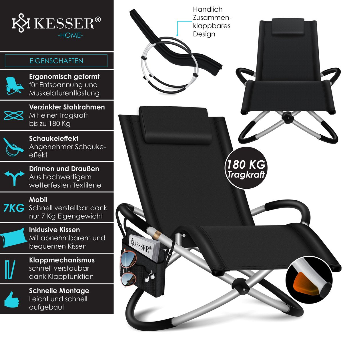 Ligbed - Ligstoel - Zonnebed - Relaxstoel - Zwart - KESSER®