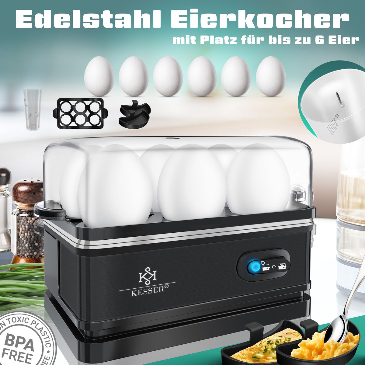 KESSER® Eierkoker electrisch voor 6 Eieren | Elektrische Eierkoker 400W van roestvrij staal met Timer en Maatbeker & 2x kom voor omelet BPA-vrij - Zwart