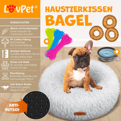LOVPET® Hondenbed / Hondenmand / Hondenkussen Kattenbed Bagel, Afwasbaar, Incl. Kom + 3x Kauwbotjes, Hondenbank Pluche Kussen Rond Pluche Voor Kleine, Middelgrote & Grote Honden, Katten - 3XL (100 x 100 cm), Lichtgrijs