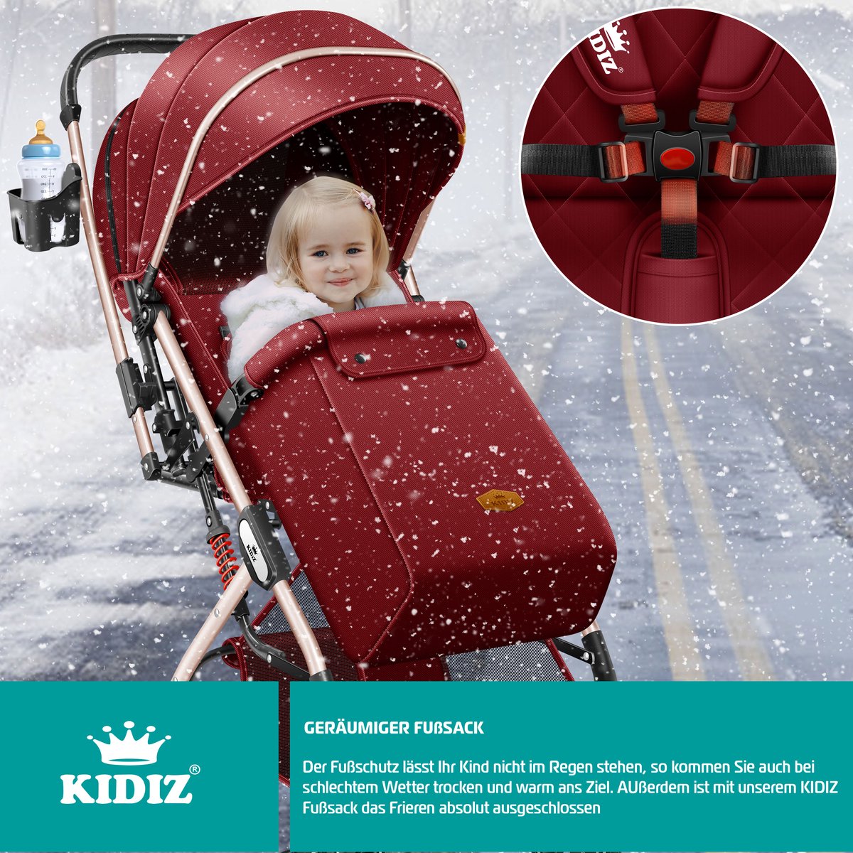KIDIZ® Buggy 3 in 1 Kinderwagen Inklapbaar met voetenzak Baby Plooibuggy Wandelwagen inclusief Bekerhouder, regenhoes & klamboe Reisbuggy - Rood / Champagne