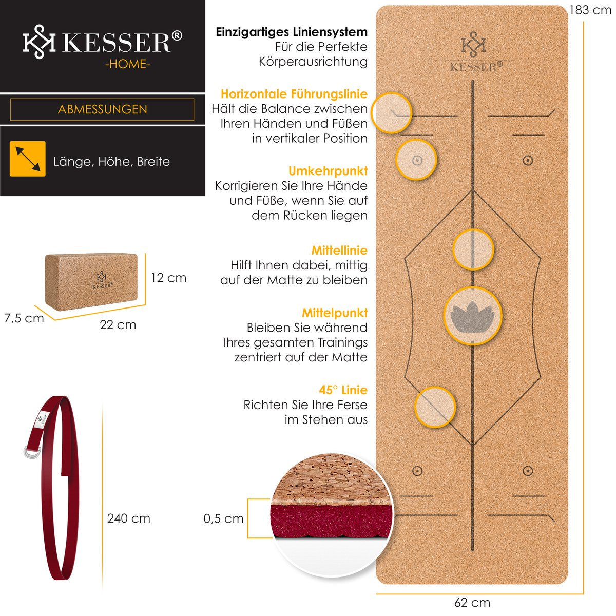 KESSER® Yogamat Kork 183x62cm Turnmat Gymnastiekmat Fitnessmat Inclusief Draagriem Tas & Yoga Blok - Bordeux
