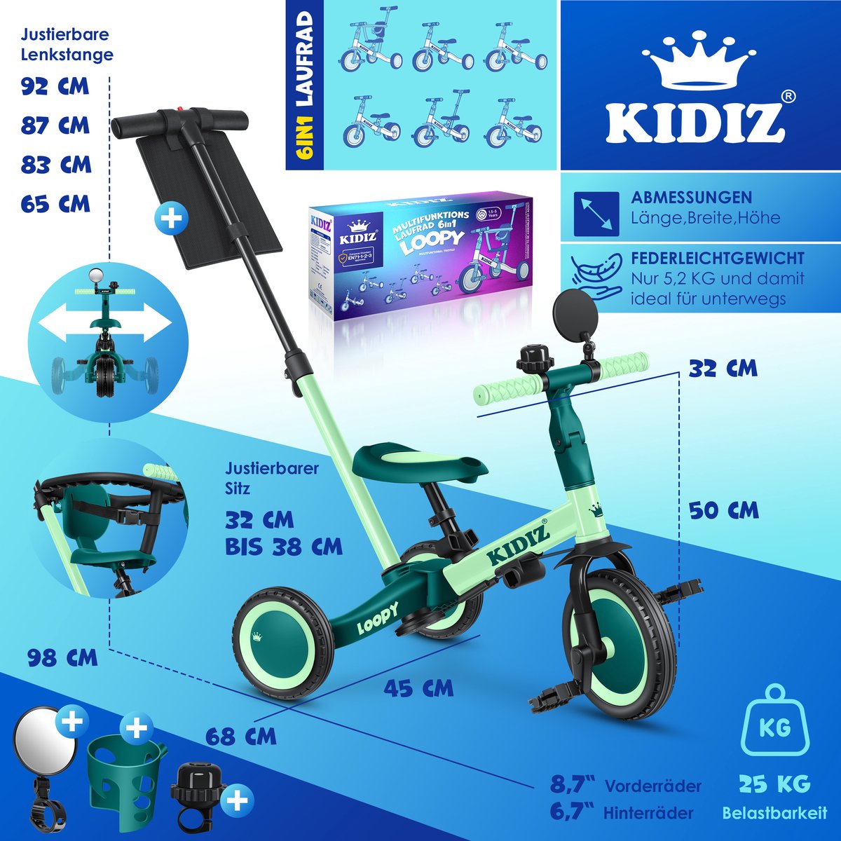 KIDIZ® Loopfiets 6in1 voor Jongens en Meisjes van 1 tot 5 jaar - Driewieler voor Kinderen tot 25 kg Kinderfiets - Groen