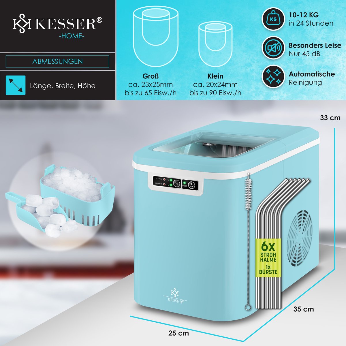 KESSER® Ijsblokjesmaker - Ijsblokjesmachine -12kg/24 uur - RVS - Blauw •