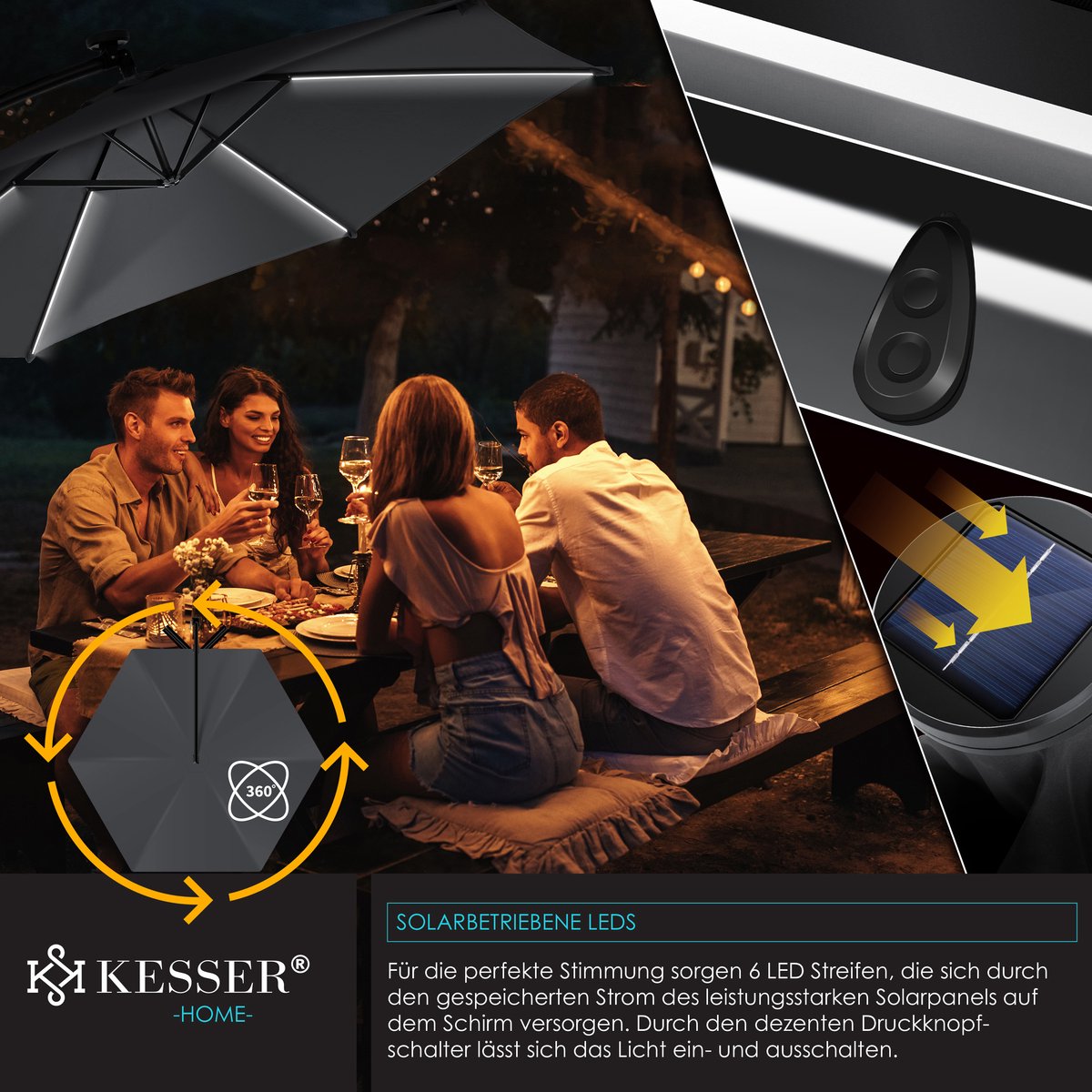 KESSER® Zweefparasol met voet - LED - Ø 3m - 360° Draaibaar  - Antraciet •