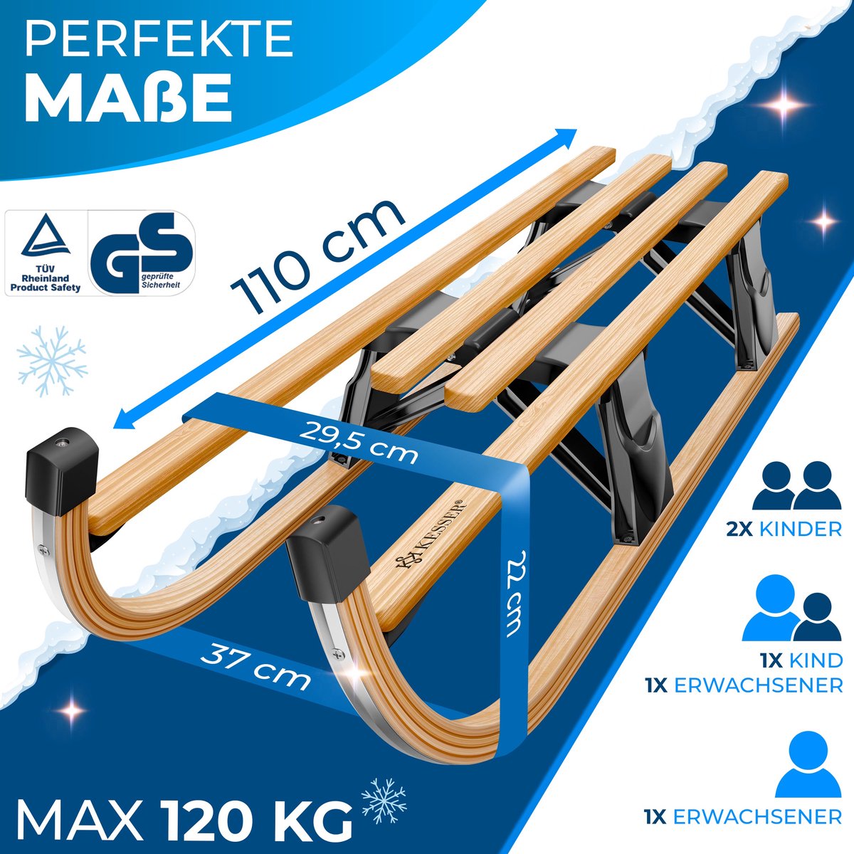 KESSER® Houten slee Premium slee Opvouwbare kinderslee van beukenhout incl. trektouw Slider Metalen lopers - Houten slee, Zwart
