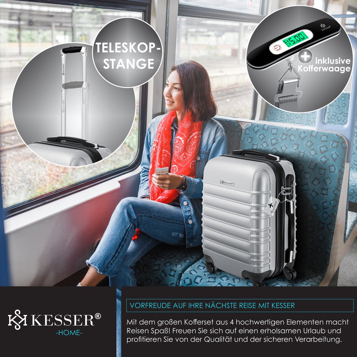 KESSER® Reiskofferset - 3-delig - ABS- Kofferset - Zilver