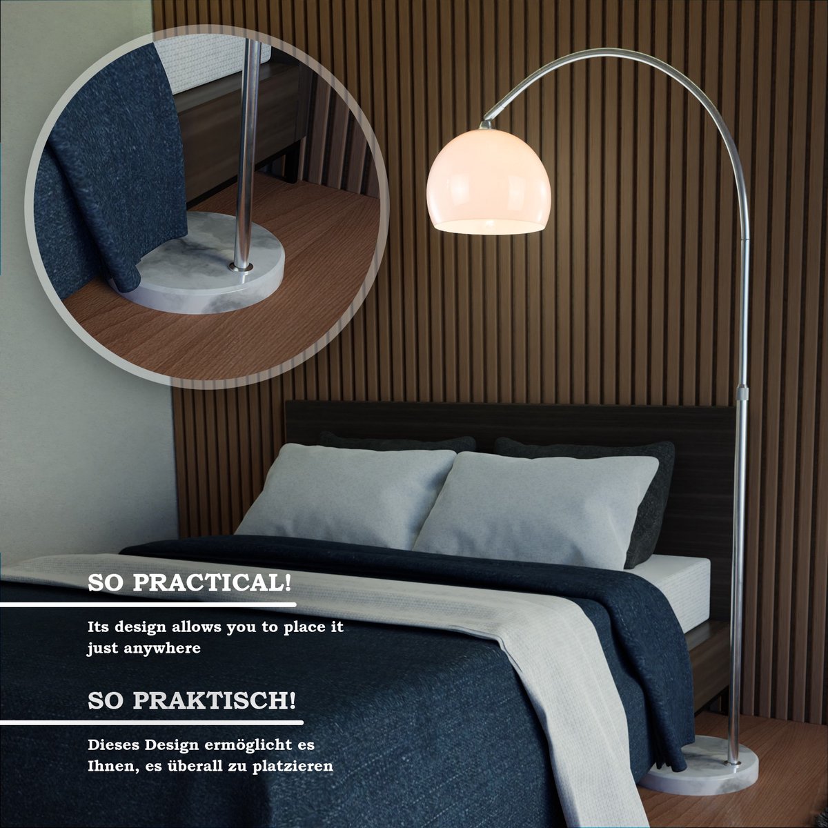 Jago - Booglamp - Hoogte Verstelbaar - LED E27 - Max 60W - Roestvrij staal - Vloerlamp - Hoogte 130-180 cm - Wit (Copy)