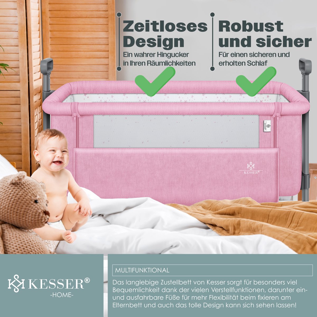 KESSER® 3in1 Ledikant - Babybed - Verstelbaar - Inklapbaar - Lichtgrijs