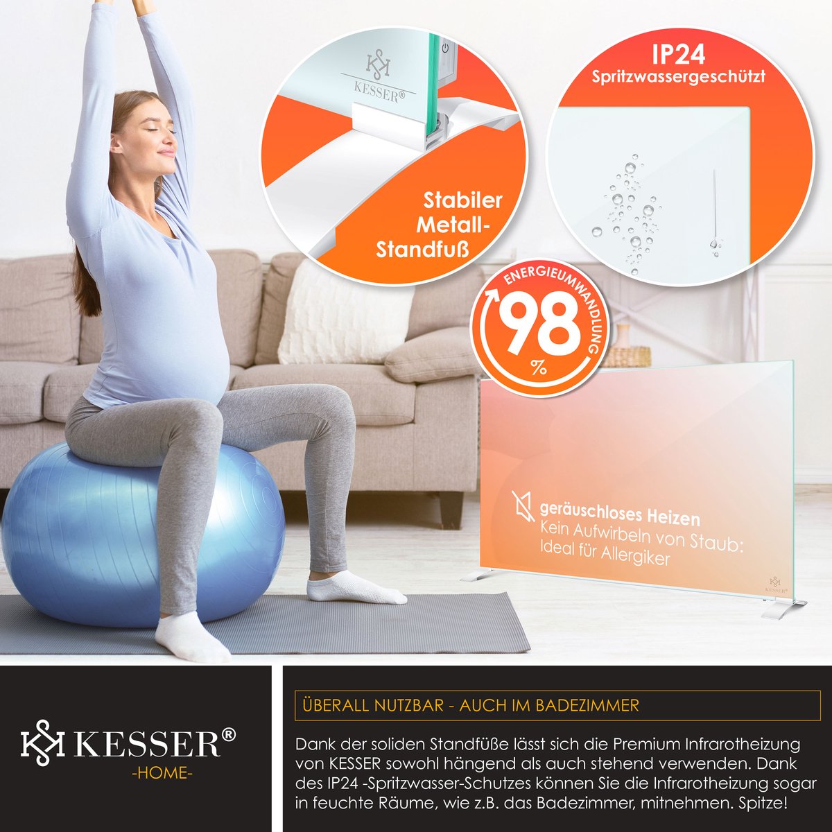 KESSER® Infrarood Kachel 500W Elektrische Verwarmingspaneel - Infraroodverwarming Energiebesparing 2-in-1 Staande & Muurmontage Verwarming met Thermostat + open raam detectie + Afstandsbediening & APP-bediening - Wit