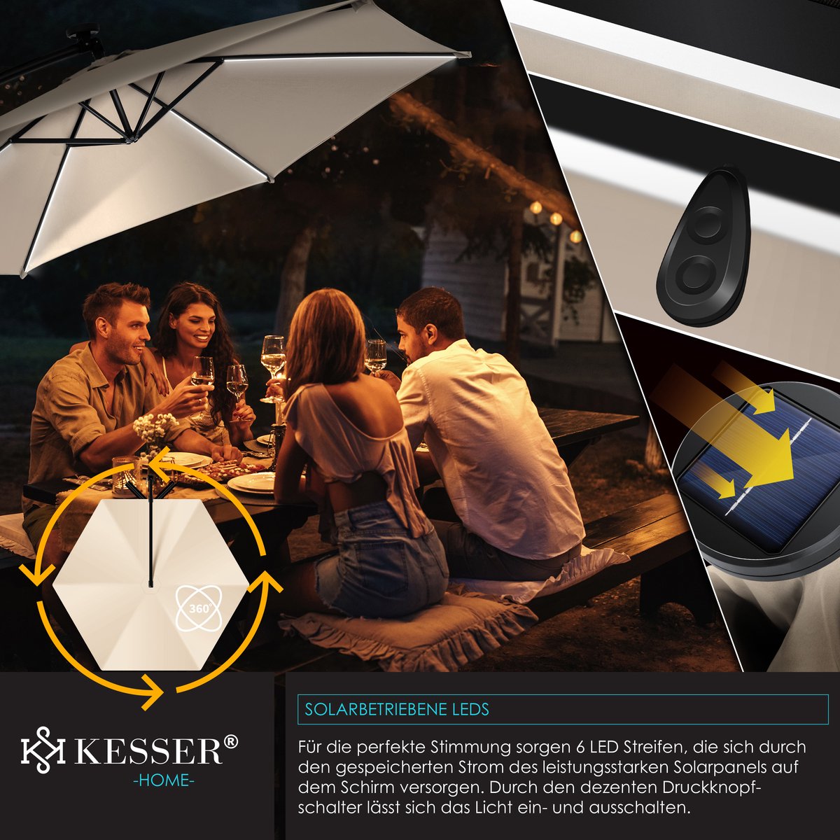KESSER® Zweefparasol met voet - LED - Ø3.5m - 360° Draaibaar  - Beige •