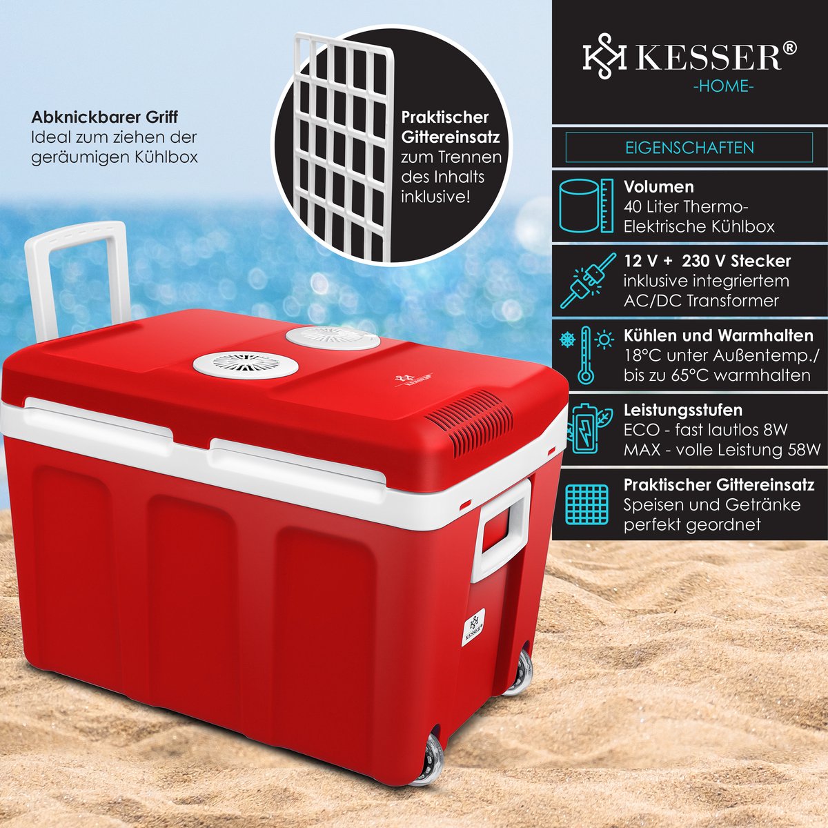Koelbox Elektrisch – 12V en 230 volt - Coolbox - Frigobox - 40L – Rood