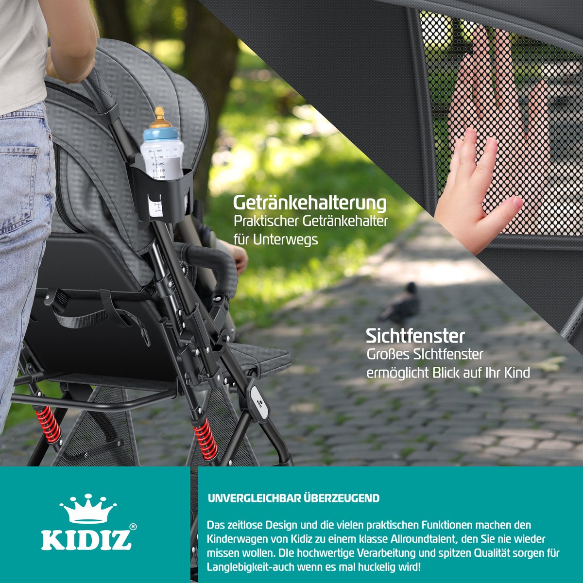 KIDIZ® Buggy 3 in 1 Kinderwagen Inklapbaar met voetenzak Baby Plooibuggy Wandelwagen inclusief Bekerhouder, regenhoes & klamboe Reisbuggy - Antraciet / Zwart