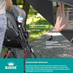 KIDIZ® Buggy 3 in 1 Kinderwagen Inklapbaar met voetenzak Baby Plooibuggy Wandelwagen inclusief Bekerhouder, regenhoes & klamboe Reisbuggy - Antraciet / Zwart