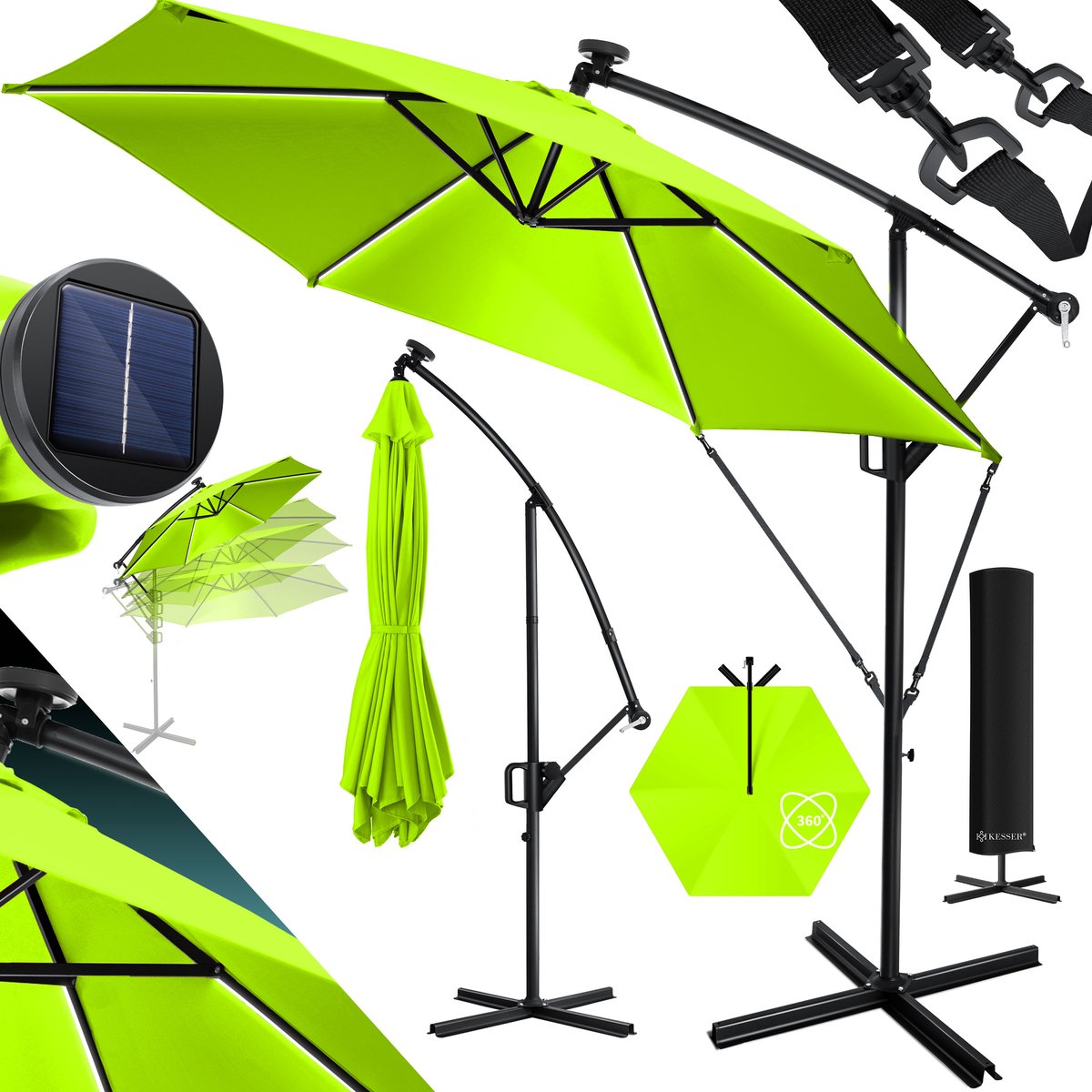 KESSER® Zweefparasol - LED Solar - 350cm x 350cm - Tuinparasol - Groen