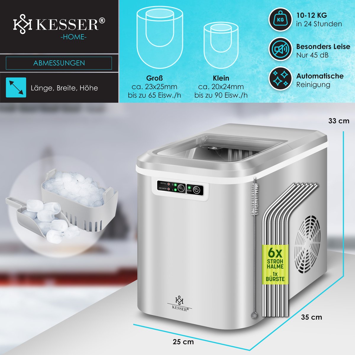 KESSER® Ijsblokjesmaker - Ijsblokjesmachine -12kg/24 uur - RVS - Zilver •