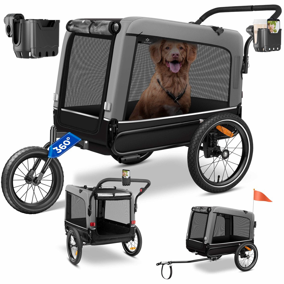 KESSER® Hondenfietskar tot 40 kg 3in1 Hondenbuggy - Fietskar Hond Jogger - Grijs