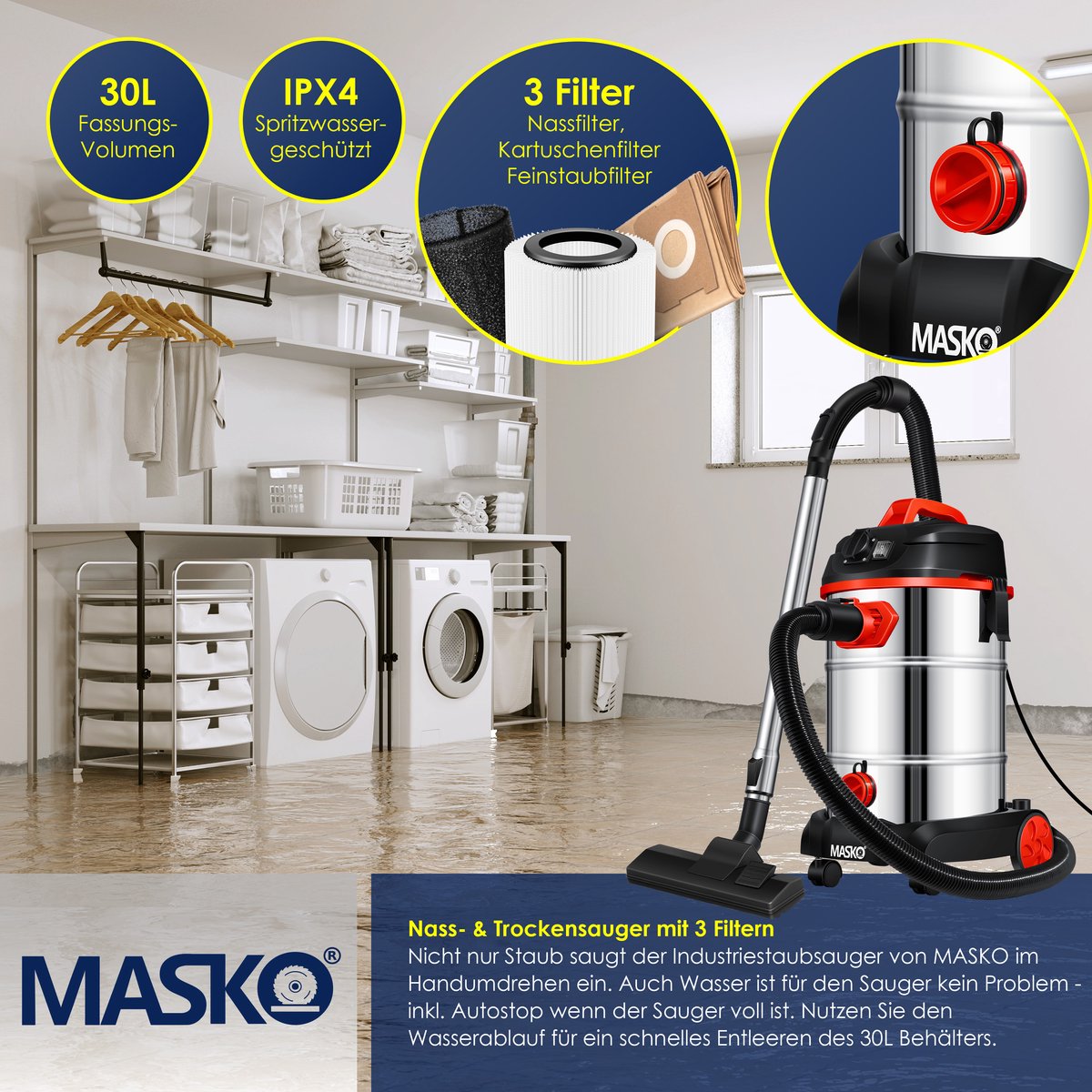 MASKO® Alleszuiger Nat- en Droogzuiger 1800W + stopcontact, Blaasfunctie, Droog- & natzuigen | Industriële stofzuiger vuilreservoir 30L Bouwstofzuiger - Rood