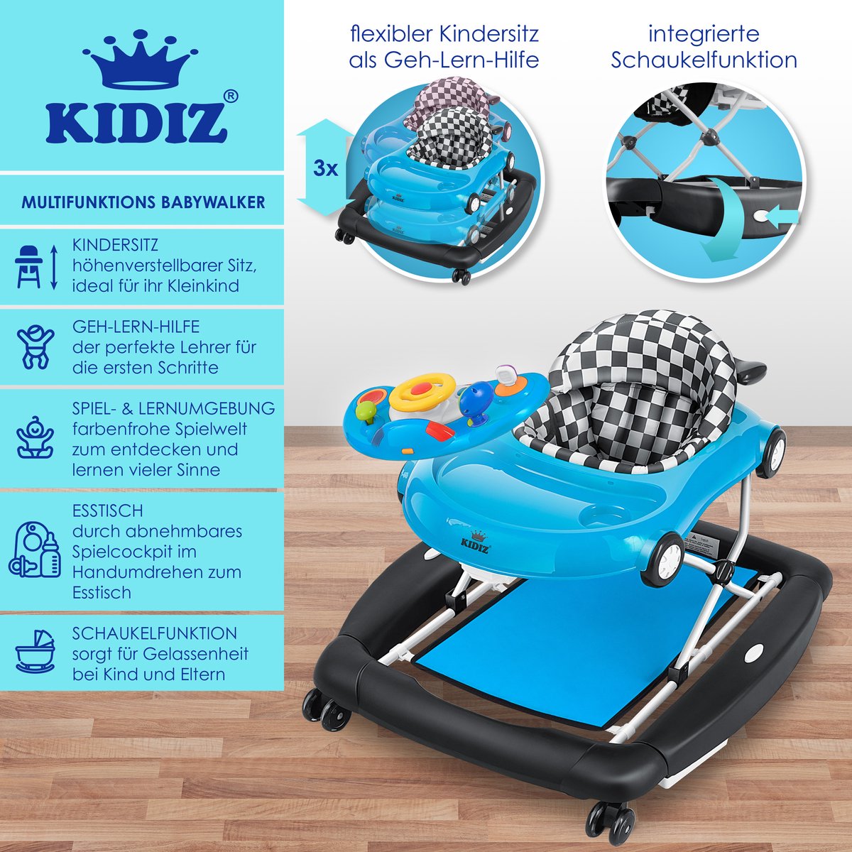KIDIZ® 4in1 Baby walker - Loopstoel - Loopwagen - Opvouwbaar - Blauw