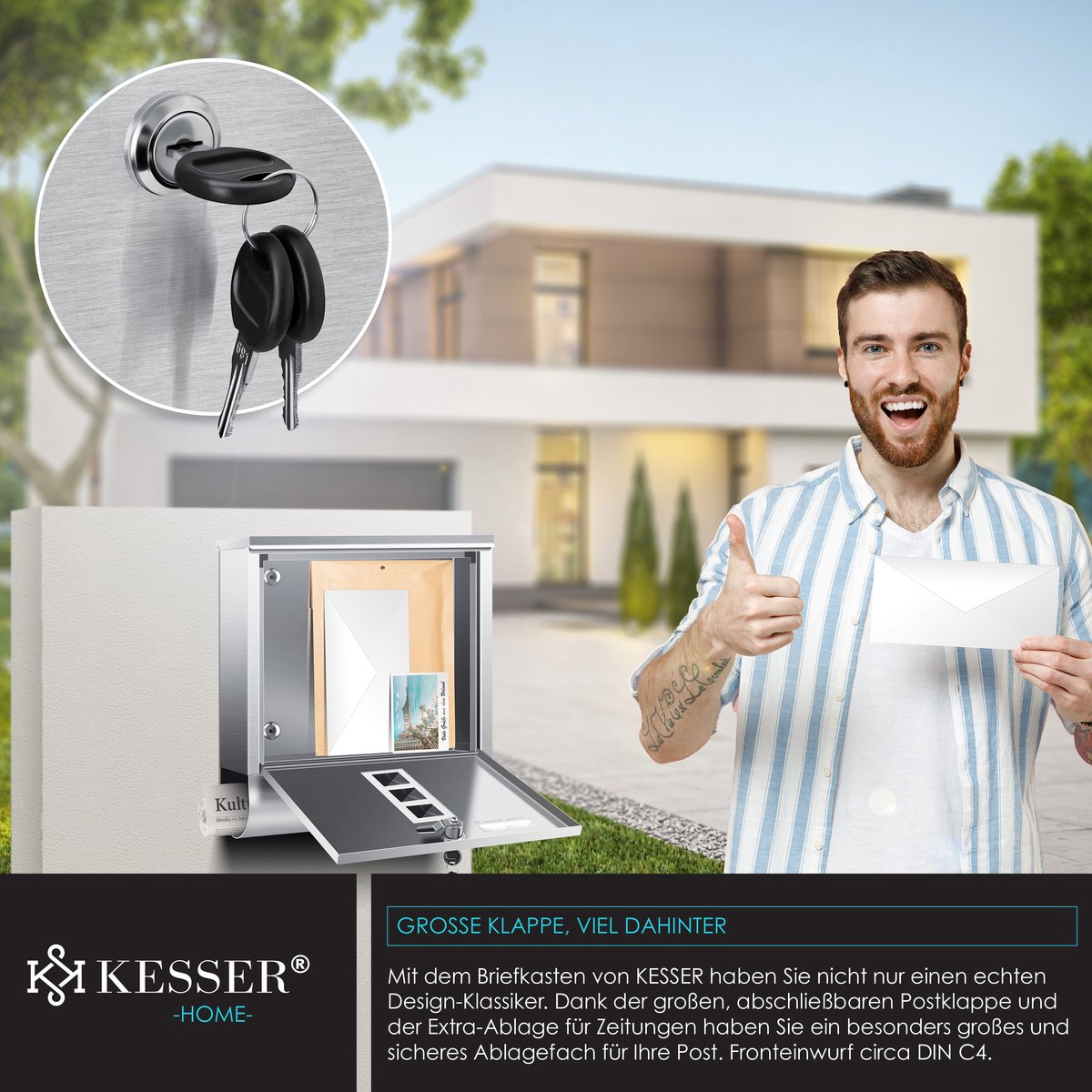 KESSER® RVS Brievenbus  - Wandbrievenbus - Softclose-deksel - Zilver