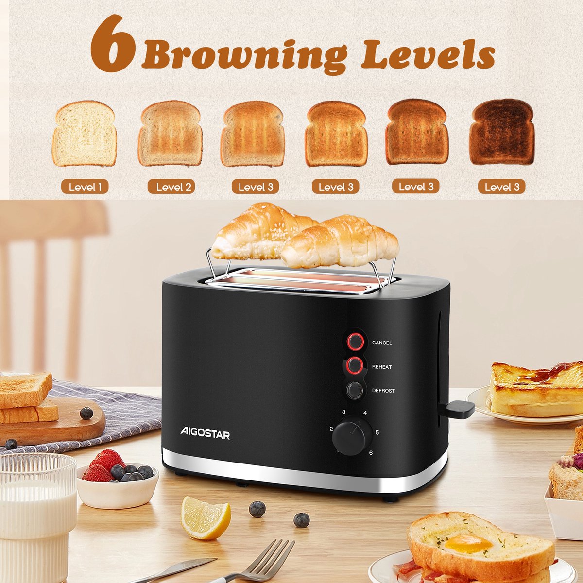 Aigostar 30J4R - Broodrooster - Retro - Toaster - 6 Warmteniveaus - 2 Extra Brede Sleuven - 800W - Zwart