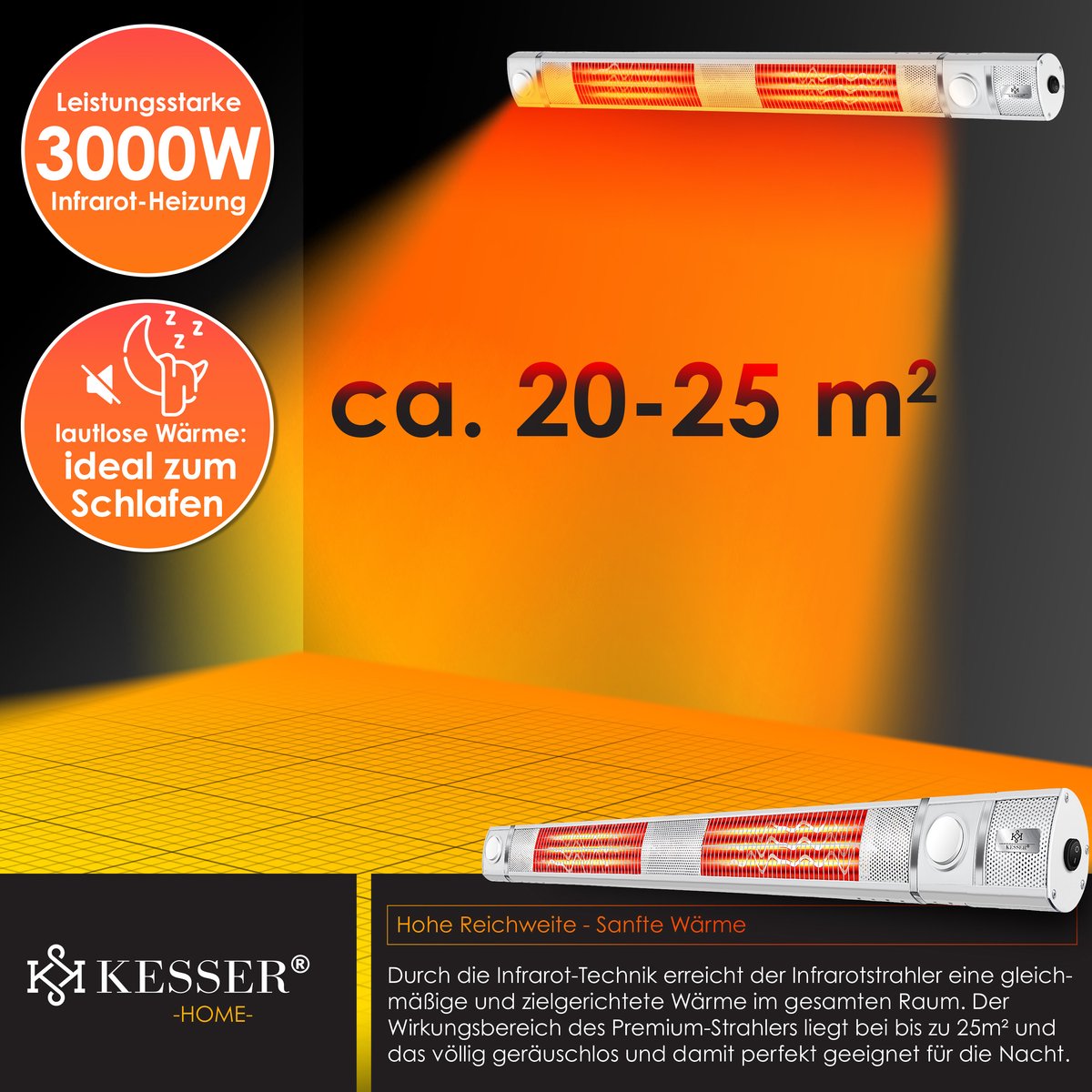 KESSER® Infraroodstraler / Infrarood Stralingsverwarming 3000W IR Gastro Bar Incl. LED Licht Patio Heater Met WiFi & Afstandsbediening incl. Beschermhoes Infrarood Heater Kwarts Heater Patio Heater Wand Heater - Wit