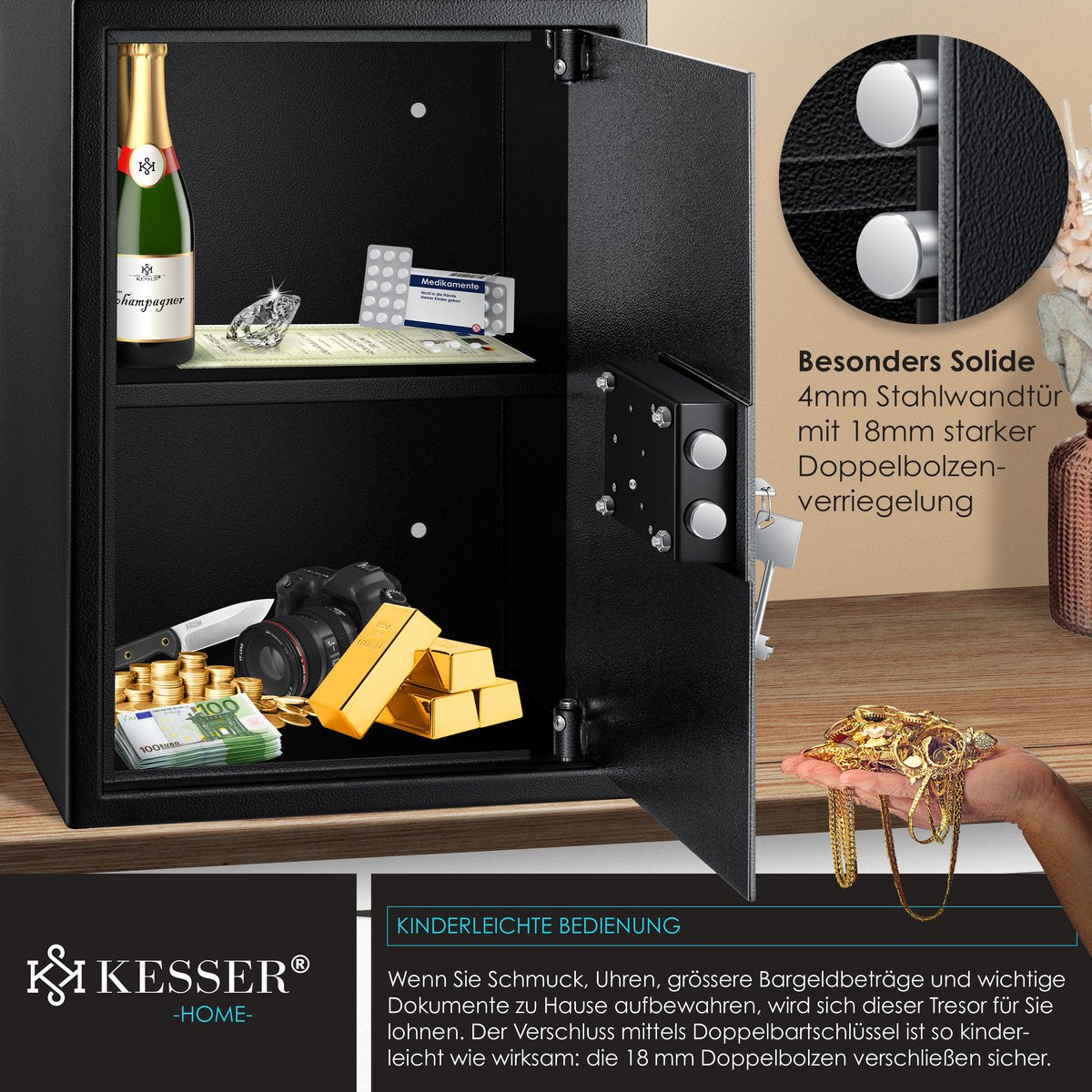 KESSER® Kluis met sleutelslot - 50x35x31cm - Zwart •