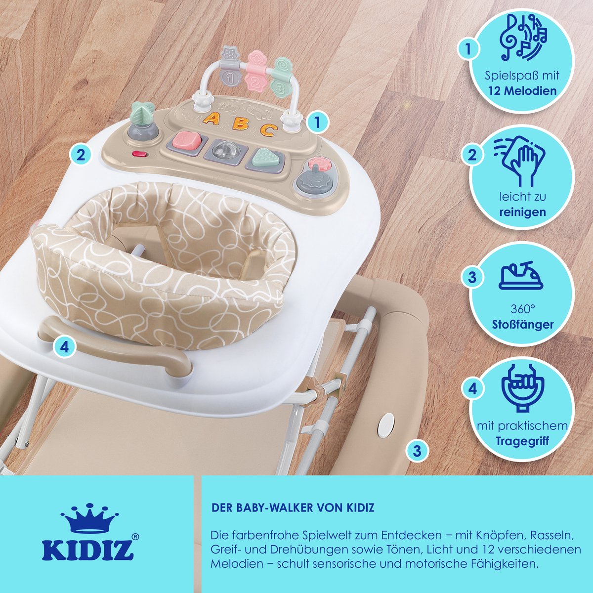 KIDIZ® 4in1 Baby walker - Loopstoel - Loopwagen - Opvouwbaar - Khaki •
