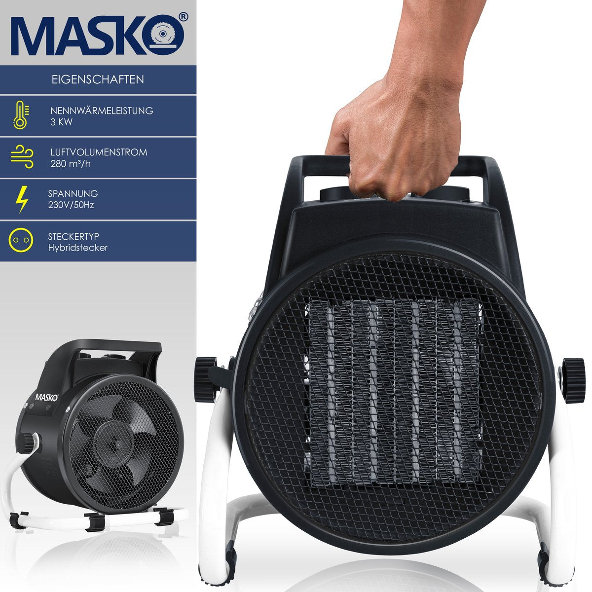 MASKO® Ventilatorkachel 3kW - Elektrische Kachel voor Binnen- en Buiten Bouwkachel Keramische Werkplaatskachel Electrische Verwarming 3000 Watt - Wit