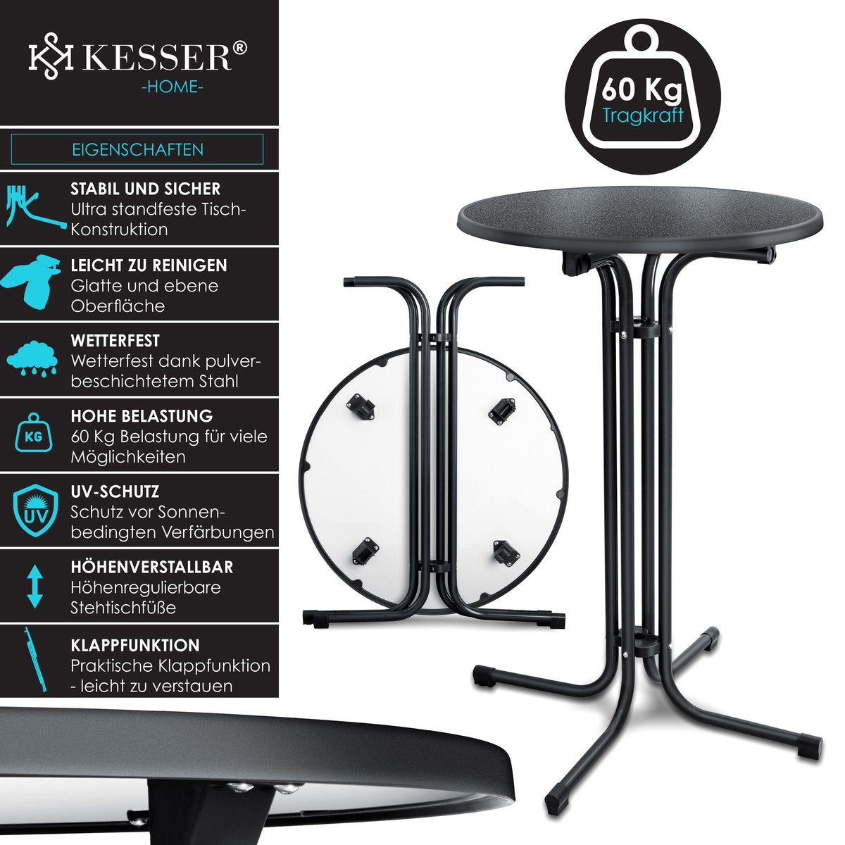 KESSER® Bartafel - Bistrotafel - Klaptafel - 110cm - Zwart