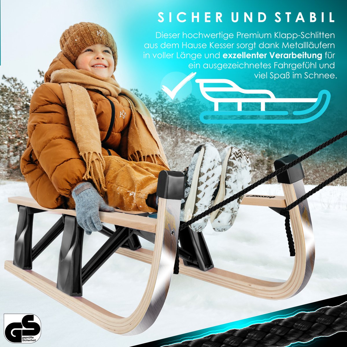 KESSER® Houten slee Premium slee Opvouwbare kinderslee van beukenhout incl. trektouw Slider Metalen lopers - Houten slee, Zwart