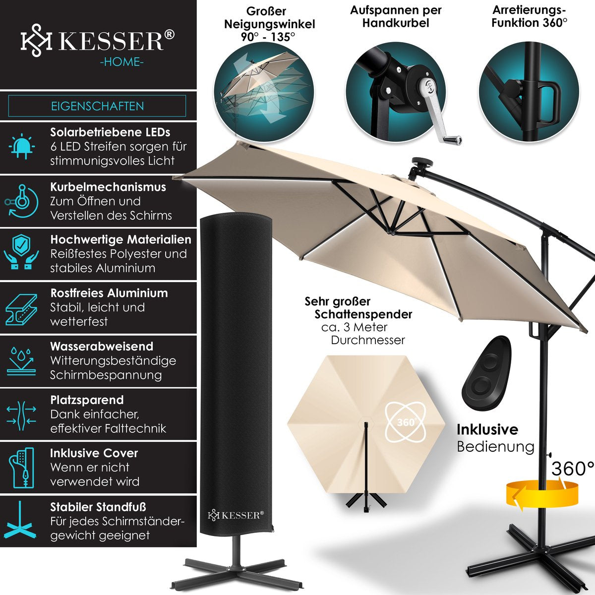 KESSER® Zweefparasol met voet - LED - Ø3m - 360° Draaibaar  - Beige •